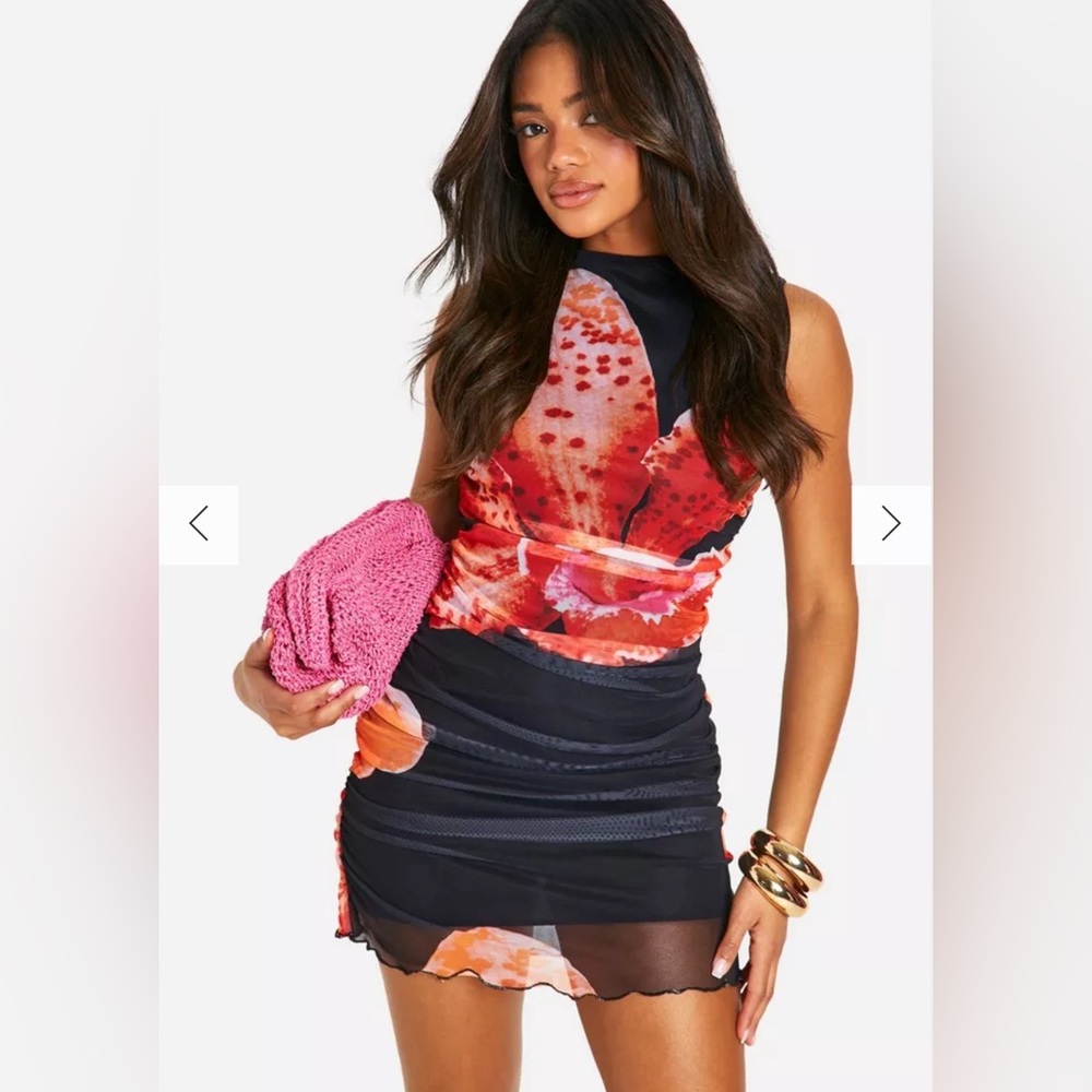 Boohoo Tropical Mesh Ruched Mesh Mini Dress